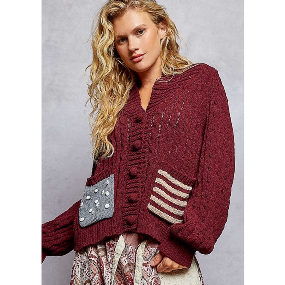"The Ruby" American Flag Burgundy Cardigan - Picture 1 of 3